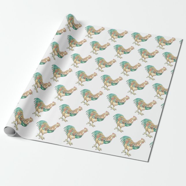Colourful Rooster Wrapping Paper (Unrolled)