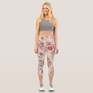 Colourful rose and floral pattern capri leggings