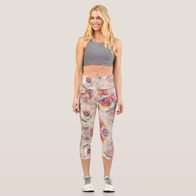 Colourful rose and floral pattern capri leggings (Front)