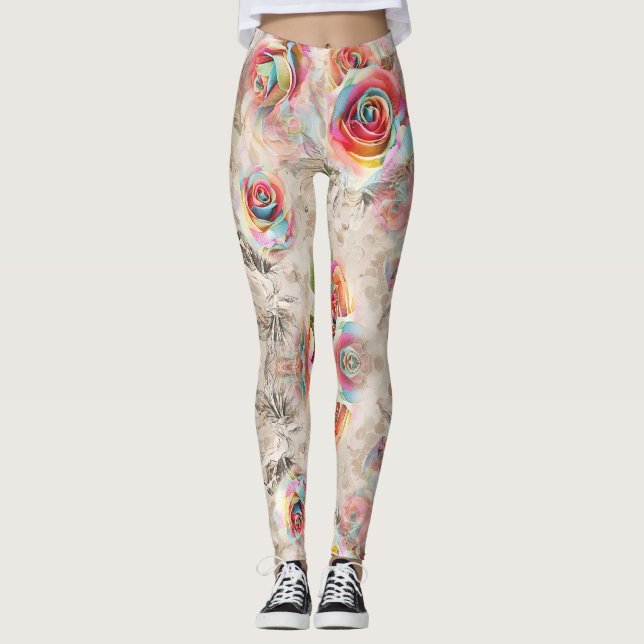 Colourful rose and floral pattern leggings (Front)