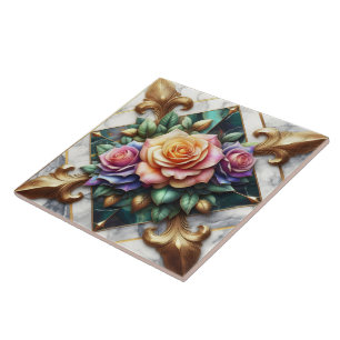 Colourful Rose Arrangement on Decorative Backgroun Tile