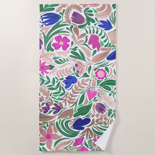 Colourful Rose Gold Floral Leaf Illustrations Beach Towel (Front)