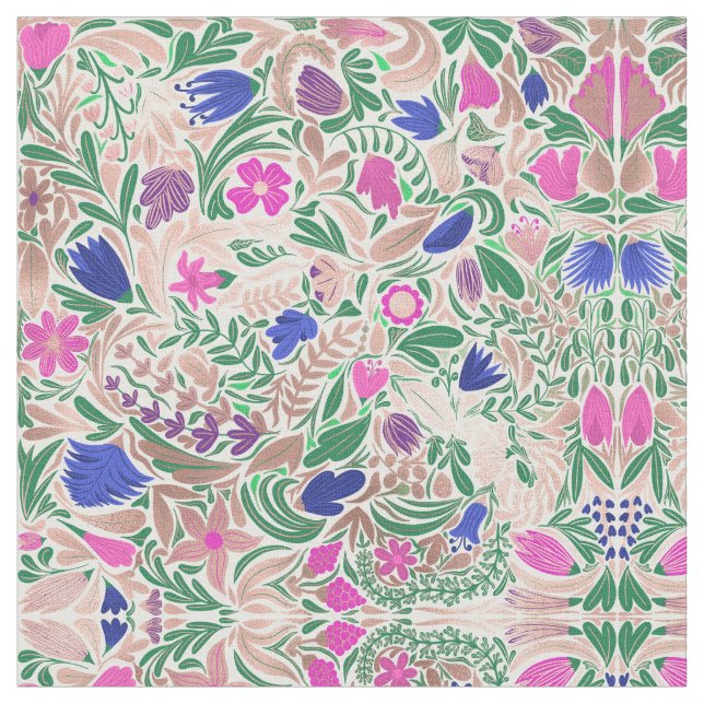 Colourful Rose Gold Floral Leaf Illustrations Fabric (Close Up)