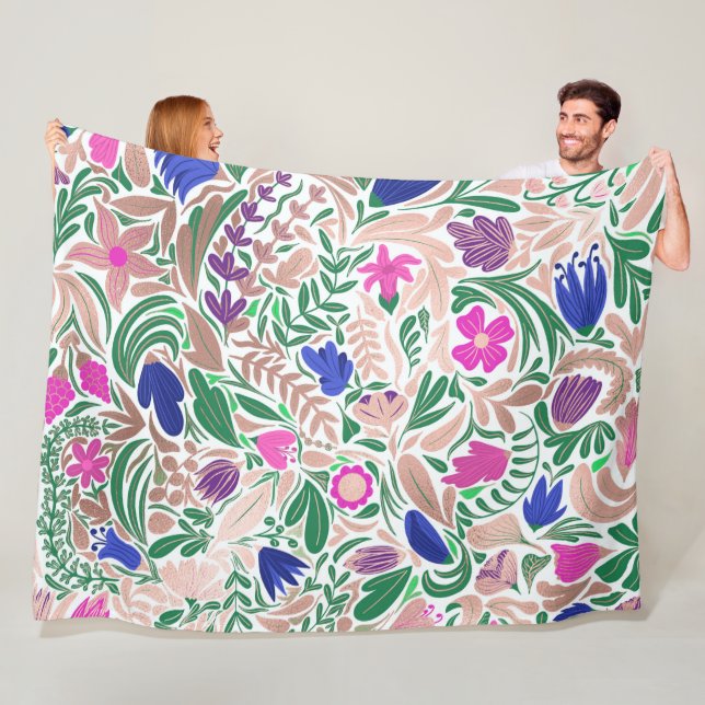 Colourful Rose Gold Floral Leaf Illustrations Fleece Blanket (In Situ)