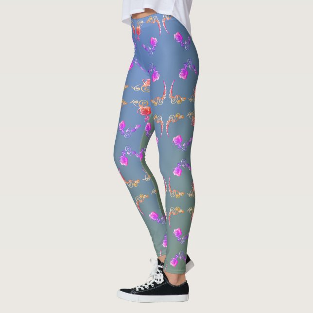 Colourful Rose Hearts on Pale Blue Moss Leggings (Left)