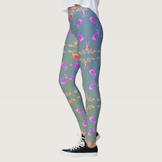 Colourful Rose Hearts on Pale Blue Moss Leggings (Left)