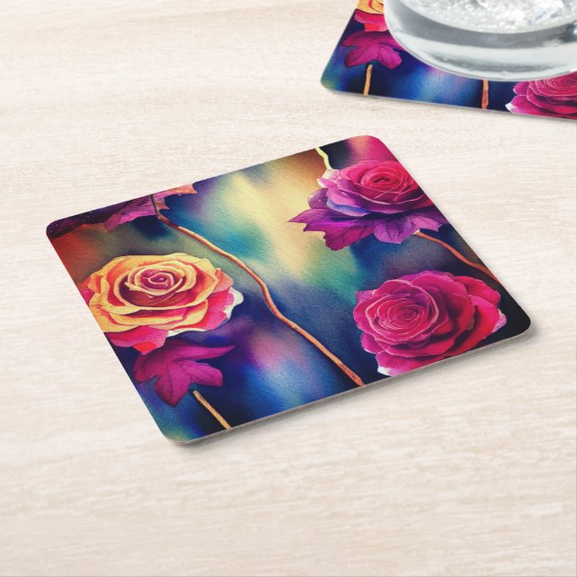 Colourful Rose Pattern Square Paper Coaster (Angled)