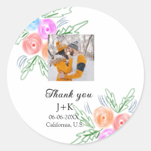 Colourful rose Wildflower thank you wedding name Classic Round Sticker