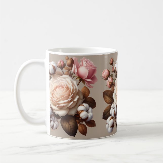 Colourful roses coffee tea mug cup white ceramic  (Left)