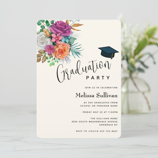 Colourful Roses Floral Bouquet Graduation Party Invitation (Standing Front)