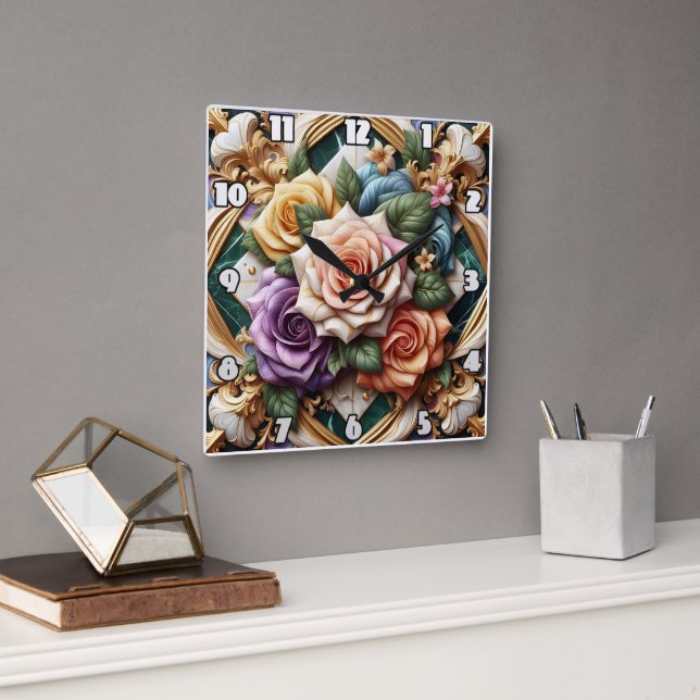 Colourful Roses in Decorative Floral Arrangement Square Wall Clock (Office)