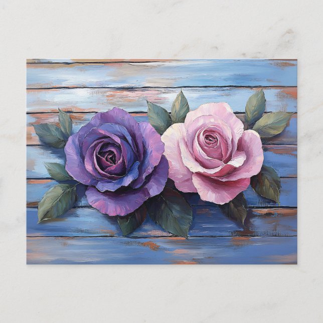 Colourful Roses on Rustic Wooden Background Postcard (Front)
