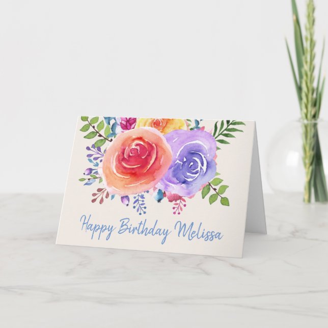 Colourful Roses Watercolor Floral Birthday Card (Front)