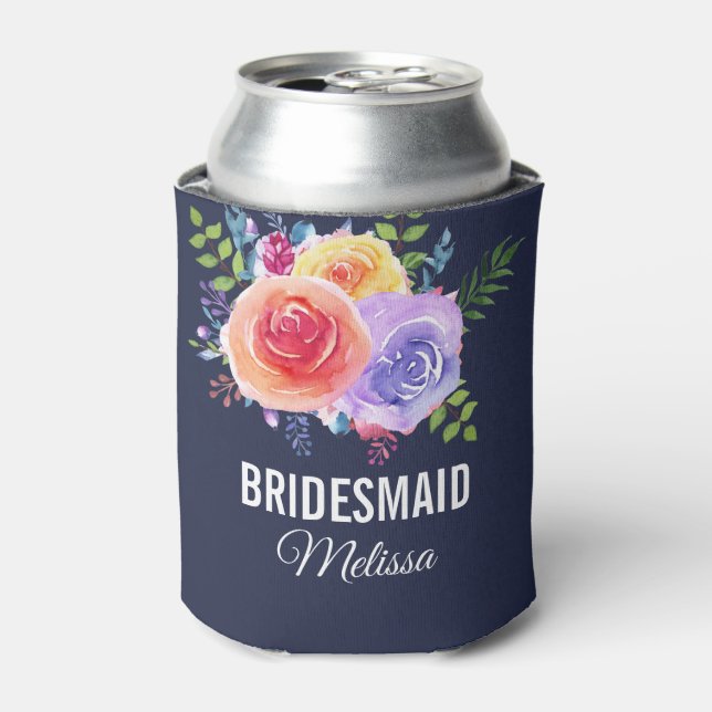 Colourful Roses Watercolor Floral Bridesmaid Can Cooler (Can Front)