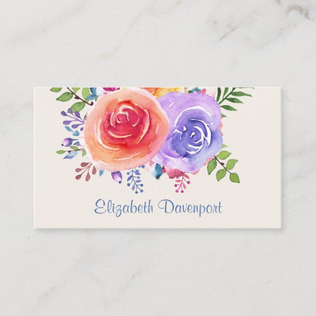 Colourful Roses Watercolor Floral Business Card (Front)