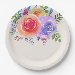 Colourful Roses Watercolor Floral Paper Plate