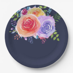 Colourful Roses Watercolor Floral Paper Plate