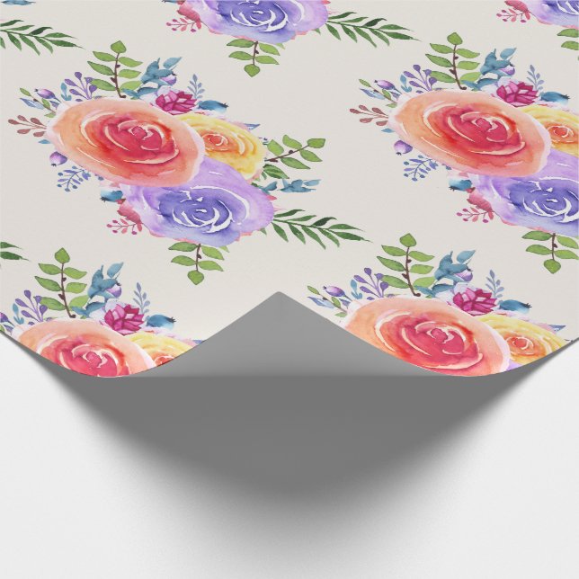 Colourful Roses Watercolor Floral Pattern Wrapping Paper (Corner)