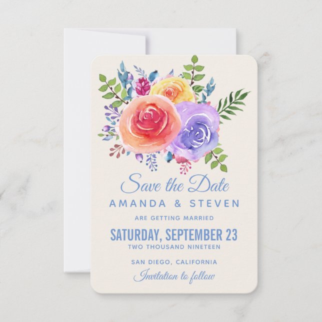 Colourful Roses Watercolor Floral Save The Date (Front)