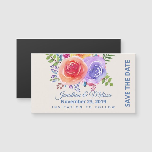 Colourful Roses Watercolor Floral Save the Date (Front/Back)