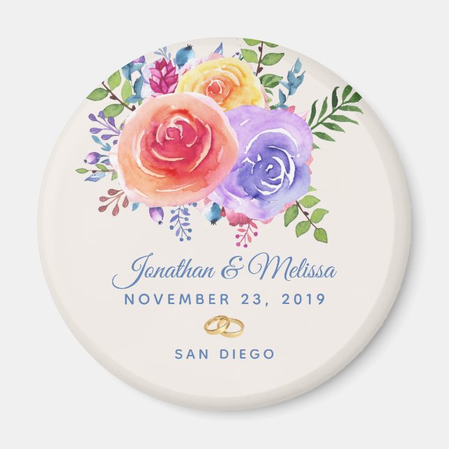 Colourful Roses Watercolor Floral Save the Date Magnet (Front)