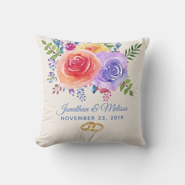 Colourful Roses Watercolor Floral Wedding Cushion (Front)