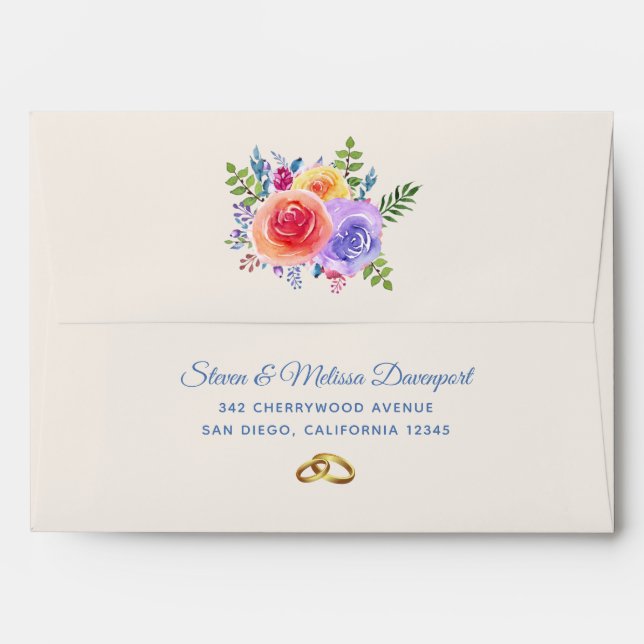 Colourful Roses Watercolor Floral Wedding Envelope (Back (Top Flap))
