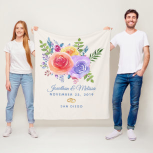 Colourful Roses Watercolor Floral Wedding Fleece Blanket