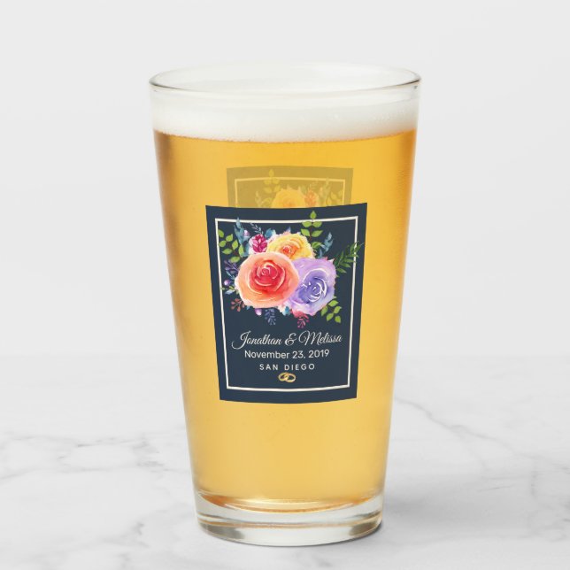 Colourful Roses Watercolor Floral Wedding Glass (Front Filled)