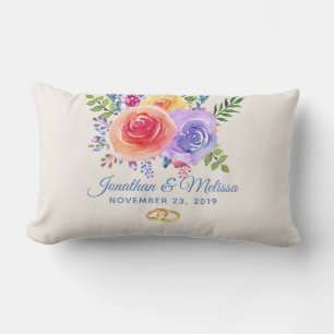 Colourful Roses Watercolor Floral Wedding Lumbar Cushion