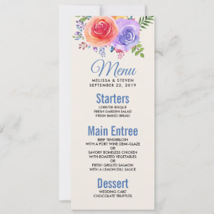 Colourful Roses Watercolor Floral Wedding Menu Invitation