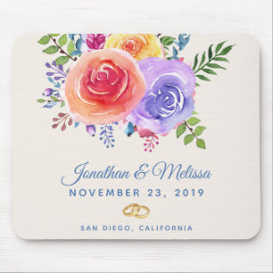 Colourful Roses Watercolor Floral Wedding Mouse Mat