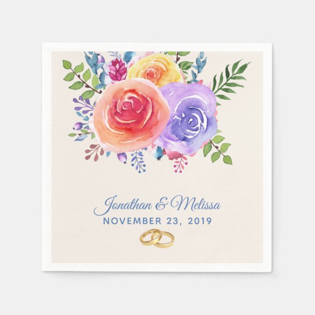 Colourful Roses Watercolor Floral Wedding Napkin (Front)