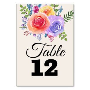 Colourful Roses Watercolor Floral Wedding Table Number