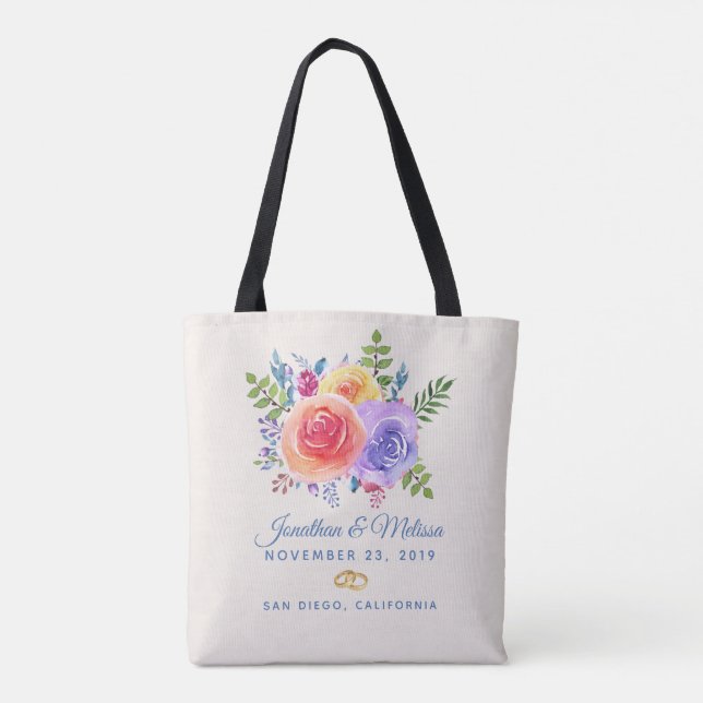 Colourful Roses Watercolor Floral Wedding Tote Bag (Back)