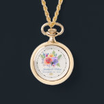 Colourful Roses Watercolor Floral Wedding Watch<br><div class="desc">Personalised wedding watch with a fanciful floral bouquet with watercolor roses. Stylish,  whimsical and creative. A bundle of roses in pink,  purple and yellow. With lots of sprigs and leaves in green,  pink,  purple and blue. Background is an off-white champagne colour. 2 golden wedding rings placed below the text.</div>