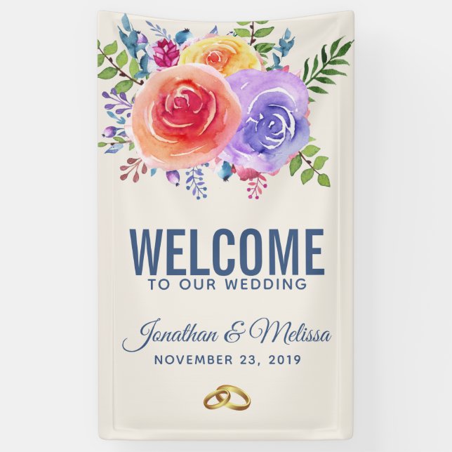 Colourful Roses Watercolor Floral Wedding Welcome Banner (Vertical)