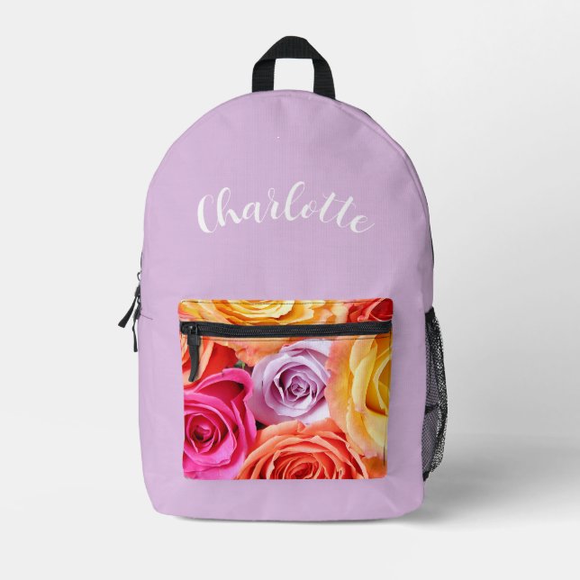 Colourful Roses with Name Printed Backpack (Front)