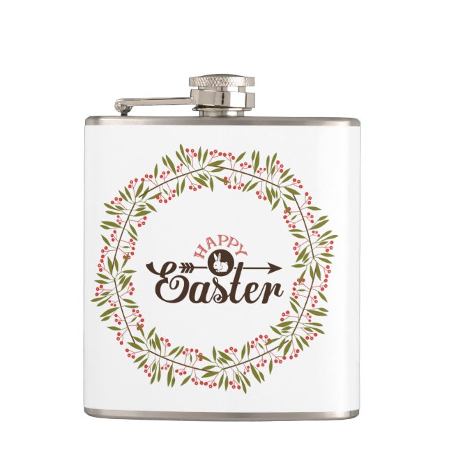 Colourful Round Floral Wreath With Bunny Hip Flask (Front)