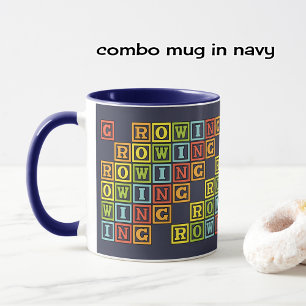 Colourful rowing letters navy mug