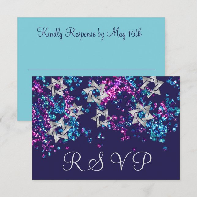 Colourful RSVP Silver Star Glittery Confetti Card (Front/Back)