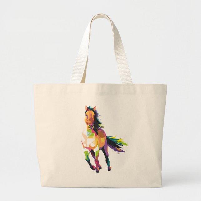Colourful Running Horse Stallion Equestrian Large Tote Bag (Front)