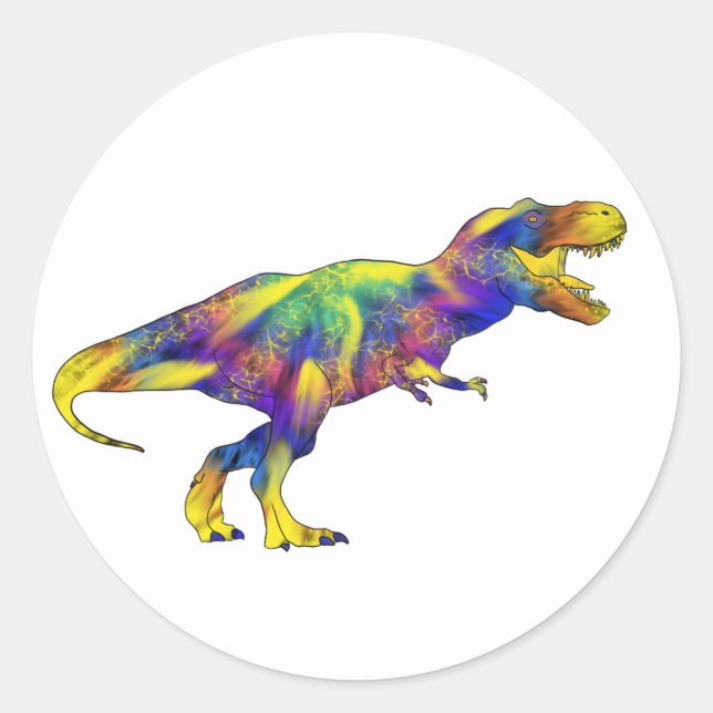 Colourful Running T Rex Psychedelic Dinosaur Art Classic Round Sticker (Front)