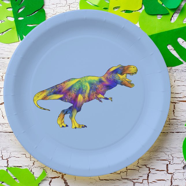 Colourful Running T Rex Psychedelic Dinosaur Art Paper Plate (T-Rex running colorful dinosaur blue paper party plate ideal for dino lovers birthday parties)