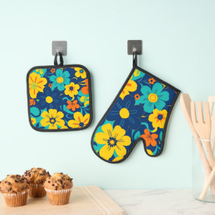 Colourful Rush Blooms-Dopamine Style-Retro Flowers Oven Mitt & Pot Holder Set