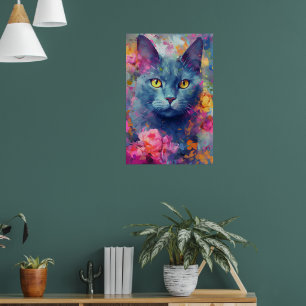 Colourful Russian Blue cat Art Poster