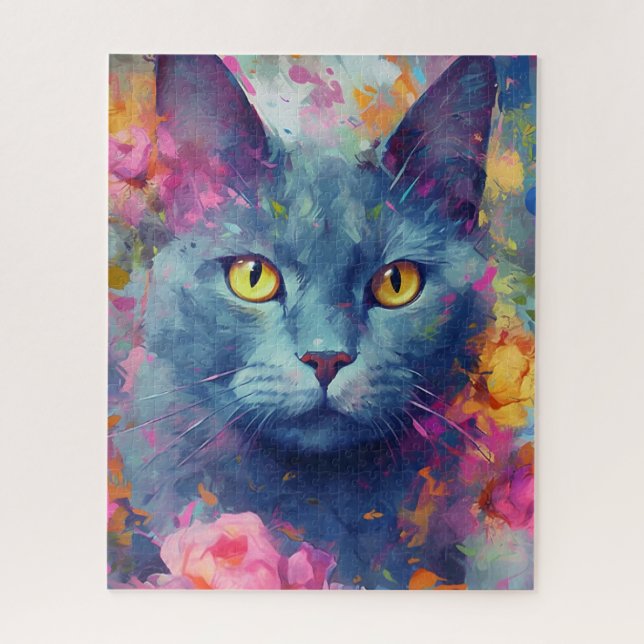 Colourful Russian Blue cat Jigsaw Puzzle (Vertical)