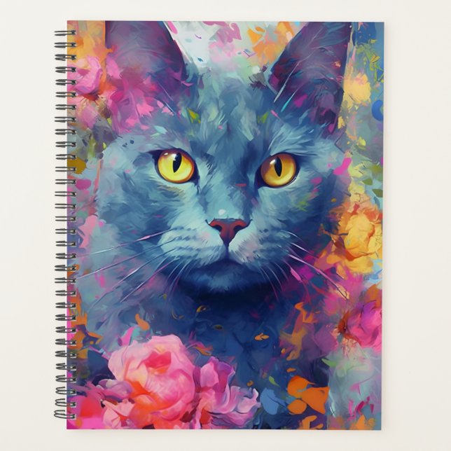 Colourful Russian Blue cat Planner (Front)