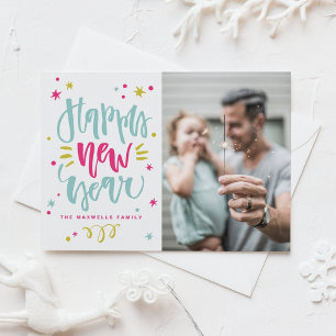 Colourful Rustic Calligraphy Photo Happy New Year Holiday Card