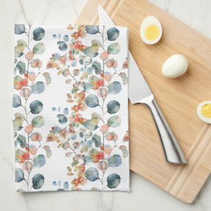 Colourful Rustic Eucalyptus Watercolor Leaves Tea Towel